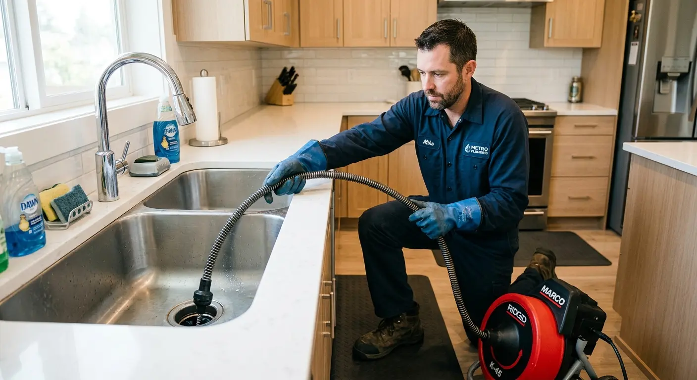 Drain cleaning technician using a motorized snake on a kitchen sink in Branson