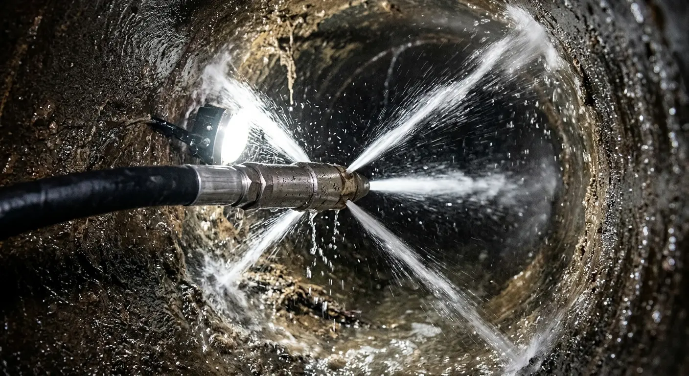 High-pressure hydro jetting nozzle cleaning sewer pipe for Emergency Drain Service in Branson