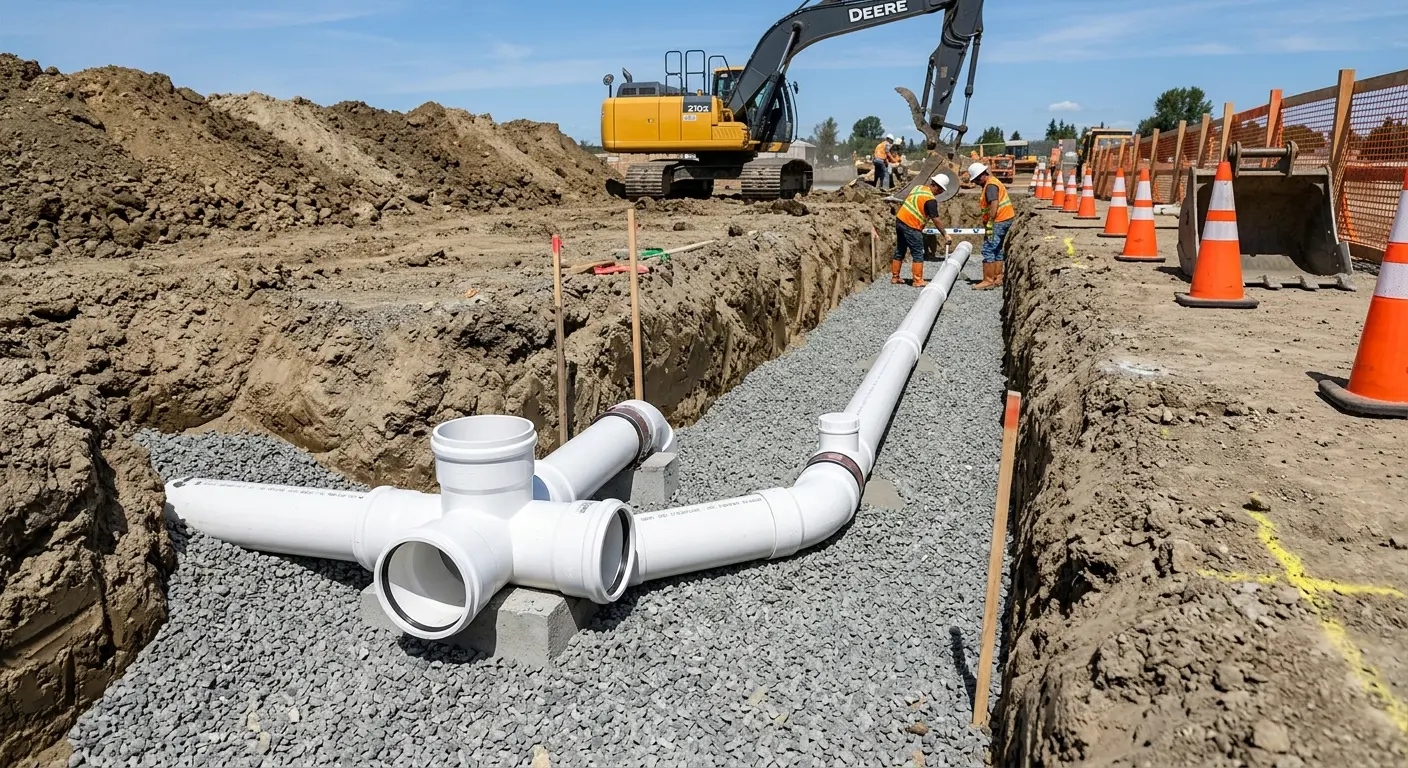 New PVC sewer pipe installation in open trench for Sewer Backup in Branson