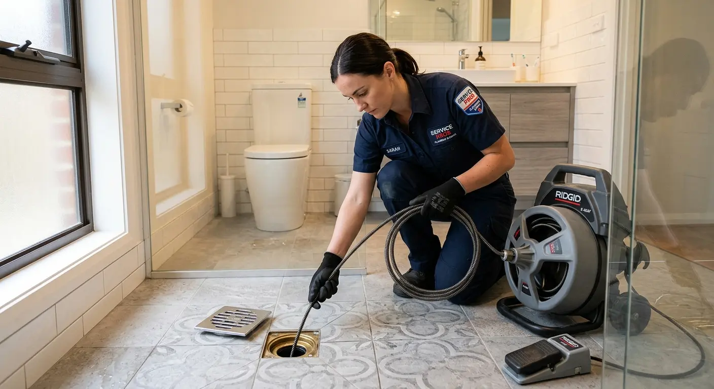 Technician clearing a bathroom floor drain for Sewer Line Replacement in Branson